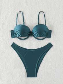 Swim SXY 新品 细肩带镂空钢圈露背性感亮绿色女士比基尼套装夏季 - 水鴨藍 - 查看 6