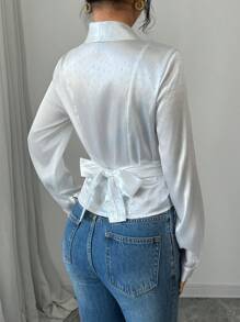 Elenzga 女士优雅纯色交叉腰长袖衬衫 - 白色 - 查看 2