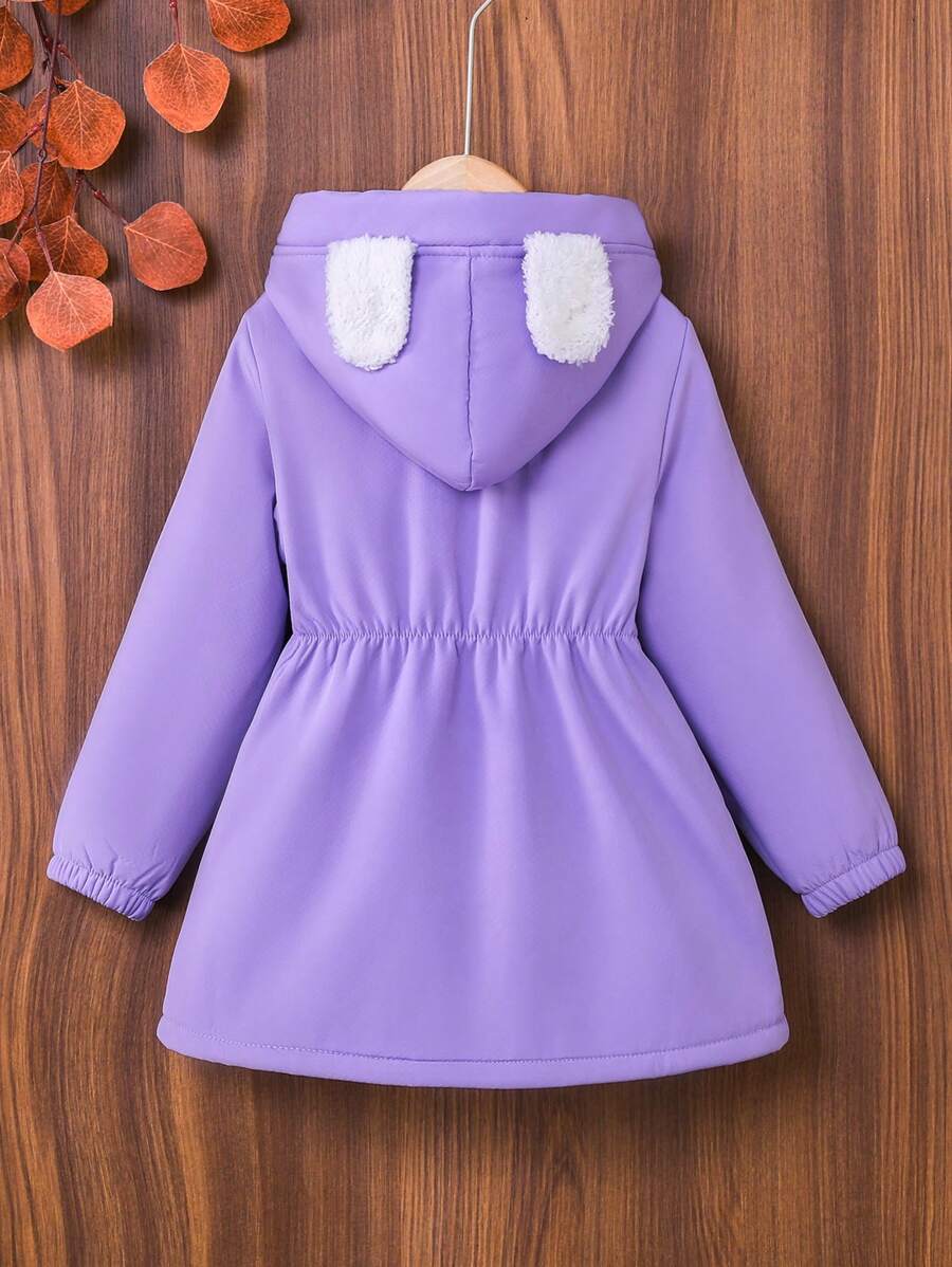 SHEIN Girls' Black Zip-Up Hooded Jacket With Fuzzy Lining, Suitable For Autumn And Winter - Purple - View 1