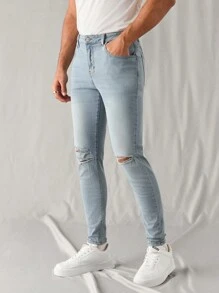Manfinity Roghcode Men's Light Blue Distressed Washed Denim Casual Skinny Stretch Jeans, Urban Chill - Light Wash - View 3