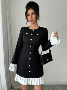 SHEIN Unity Elegant Color Block Pleated Hem Bell Sleeve Dress, Autumn Fall Cloth For Women - Black - View 4