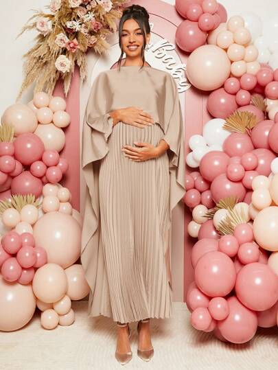 Loomaby Vestido elegante de embarazada con cuello de chal, unicolor y bajo plisado, para baby shower