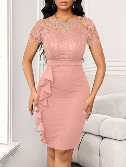 SHEIN Lady Wedding Guest Dress Lace Splicing Ruffled Women's Hip Skirt Work Party Women's Dress