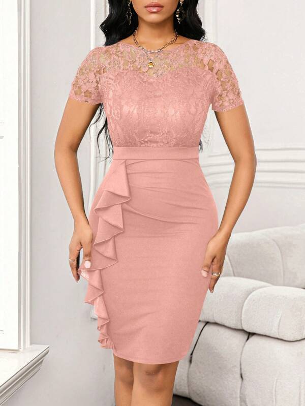 SHEIN Lady Wedding Guest Dress Lace Splicing Ruffled Women's Hip Skirt Work Party Women's Dress