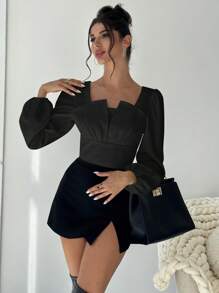 Firerie Symmetric Gathered Neck Design Long Sleeve Shirt - Black - View 5