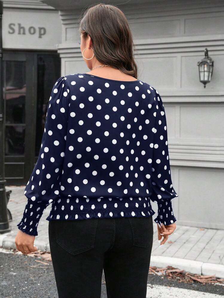 SHEIN LUNE Áo cánh tay đèn lồng họa tiết chấm bi thường ngày cỡ lớn cho nữ, Quần áo năm mới mùa thu cho phụ nữ - Màu xanh hải quân - Xem 2