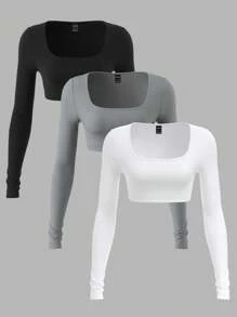 SHEIN BASICS 3pcs/Set Women's Casual Solid Color Crew Neck Long Sleeve Cropped & Fitted T-Shirts - Multicolor - View 1