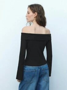 Maija 女士黑色露肩镂空金属拉链喇叭袖优雅时尚性感休闲节日短款毛衣上衣节日 - 黑色 - 查看 3