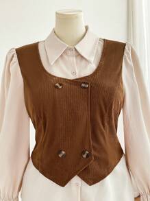 SHEIN Frenchy Plus Size Women Color Block Patchwork Fitted Cardigan, Retro College Style - Khaki - View 3