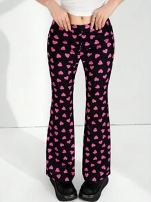 SHEIN Teen Girl Casual All-Over Heart Print Flared Pants