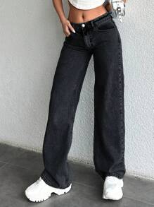 RueChic 100% 纯棉女式高腰直筒牛仔裤 - 深灰色 - 查看 3