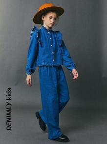 2pcs Girls Floral Ruffled Soft Denim Shirt & Straight Jeans Casual Vacation Outfit, Non-Stretch, Lightweight, Spring Autumn - Medium Wash - View 3