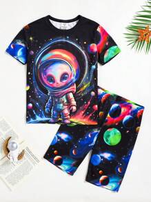 SHEIN Tween Boy Neon Cartoon Alien Print Crew Neck Short Sleeve Shorts 2 Pieces Loungewear Set - Multicolor - View 3