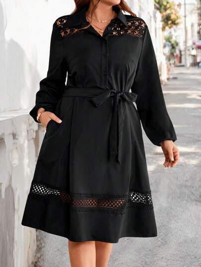 EMERY ROSE 加大码镂空拼接长袖纽扣前开襟简约休闲短裙，春季、情人节、女士度假装、女士优雅装