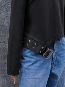 Maija 女式黑色早春季纯色圆领不对称下摆腰带装饰宽松长袖时尚百搭休闲简约 T 恤上衣节日 - 黑色 - 查看 2