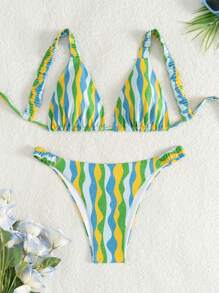 SHEIN Swim Conjunto de Maiô Bikini de 2 Peças Casual de Praia para Mulheres, Padrão de Listras de Ondas, Alças Largas - Multicolorido - Visão 5