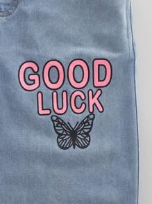Street Girls Letter, Butterfly & Heart Graphic Versatile Denim Jeans, Suitable For Spring, Summer, Autumn - Blue - View 3