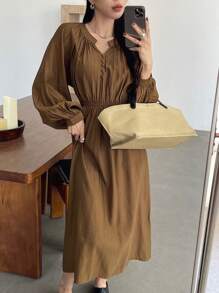 Đầm dài tay màu trơn dành cho nữ, kiểu dáng thanh lịch và tối giản, thích hợp mặc hàng ngày. - Cà phê nâu - Xem 1