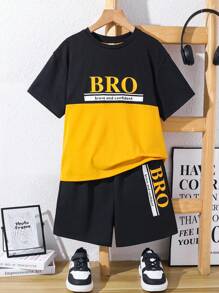Tween Boys' Leisure Patchwork Letter Print Short Sleeve T-Shirt And Shorts Set