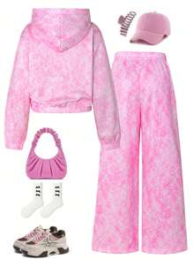 Conjunto de 2 piezas de sudadera con capucha y pantalón de pierna ancha para niñas preadolescentes, en color rosa claro con efecto lavado y estampado gráfico de letra, cintura elástica, de moda y diseño, adecuado para la escuela y el uso en otoño/invierno