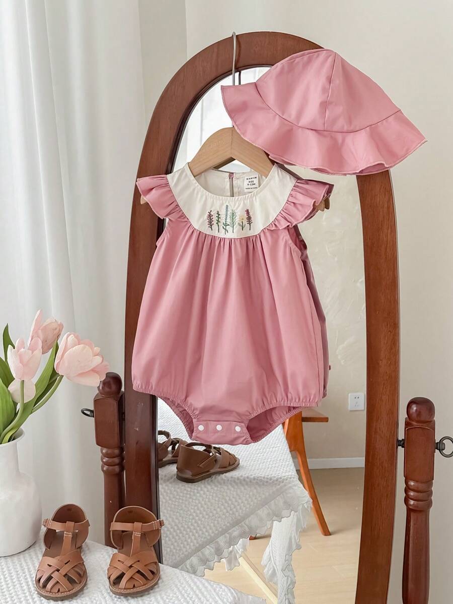 SHEIN 新生女宝宝可爱撞色刺绣连体衣配帽子,夏季 - 粉色 - 查看 1