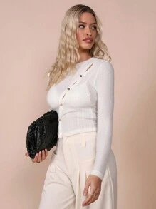 COSMINA Women Solid Color Round Neck Hollow Out Long Sleeve Slim Fit Top, Autumn