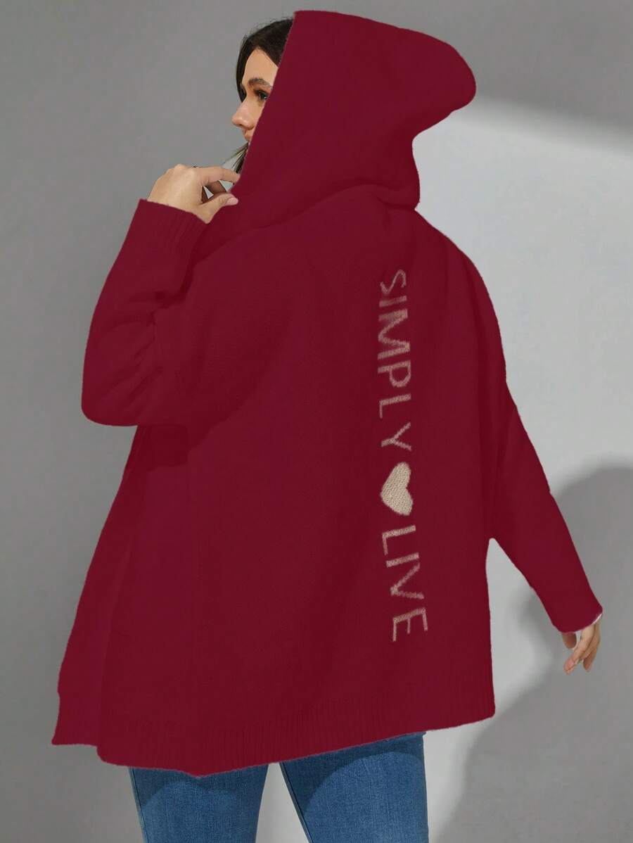 Calvaya Áo len cardigan trùm đầu họa tiết chữ cỡ lớn cho nữ mùa đông thường ngày thả vai - Đỏ - Xem 1