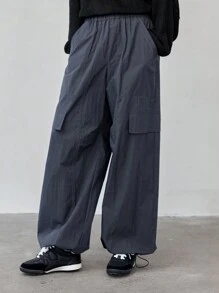 DAZY Women's Loose Solid Color Utility Style Big Pocket Straight Leg Drawstring Ankle Casual Pants - Grey - View 10