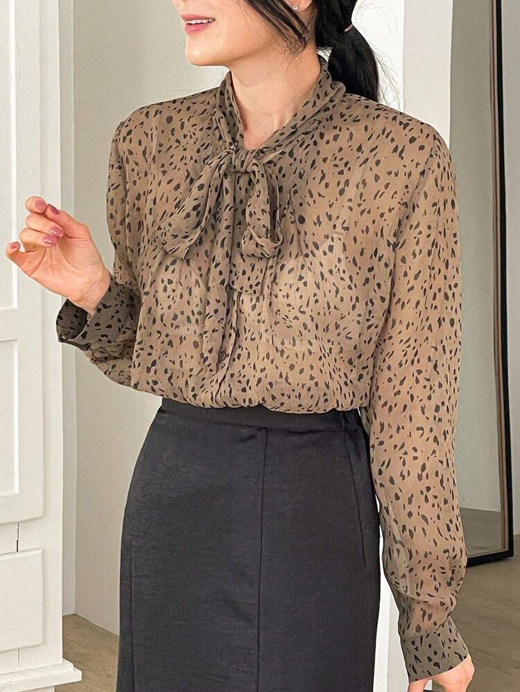 Leopard Print Sheer Flared Collar Loose Women Blouse Long Sleeve Top