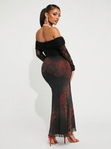 SHEIN SXY 女士黑色蕾丝豹纹露肩性感紧身迷你连衣裙，适合夜间外出/情人节 - 彩色 - 查看 2