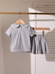 SHEIN 2pcs/Set Baby Girl Spring&Summer Casual Style, Butterfly Pattern Embroidery Top &Pleated Skirt