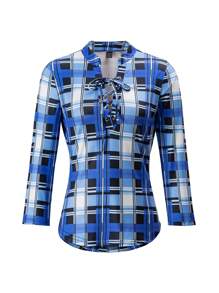 EMERY ROSE 女士春夏格子印花露肩系带长袖休闲T恤，春季女式上衣 - 藍色 - 查看 3