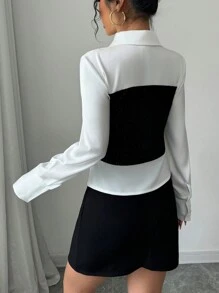 Elenzga Women Casual Elegant Office Wear 2 In 1 Satin Faux Pearl Velvet Silver Line Splicing Waist Fitted Long Sleeve Blouse