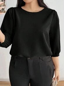 INAWLY Plus Size Solid Color Round Neck Casual Versatile Commuter Shirt - Black - View 6