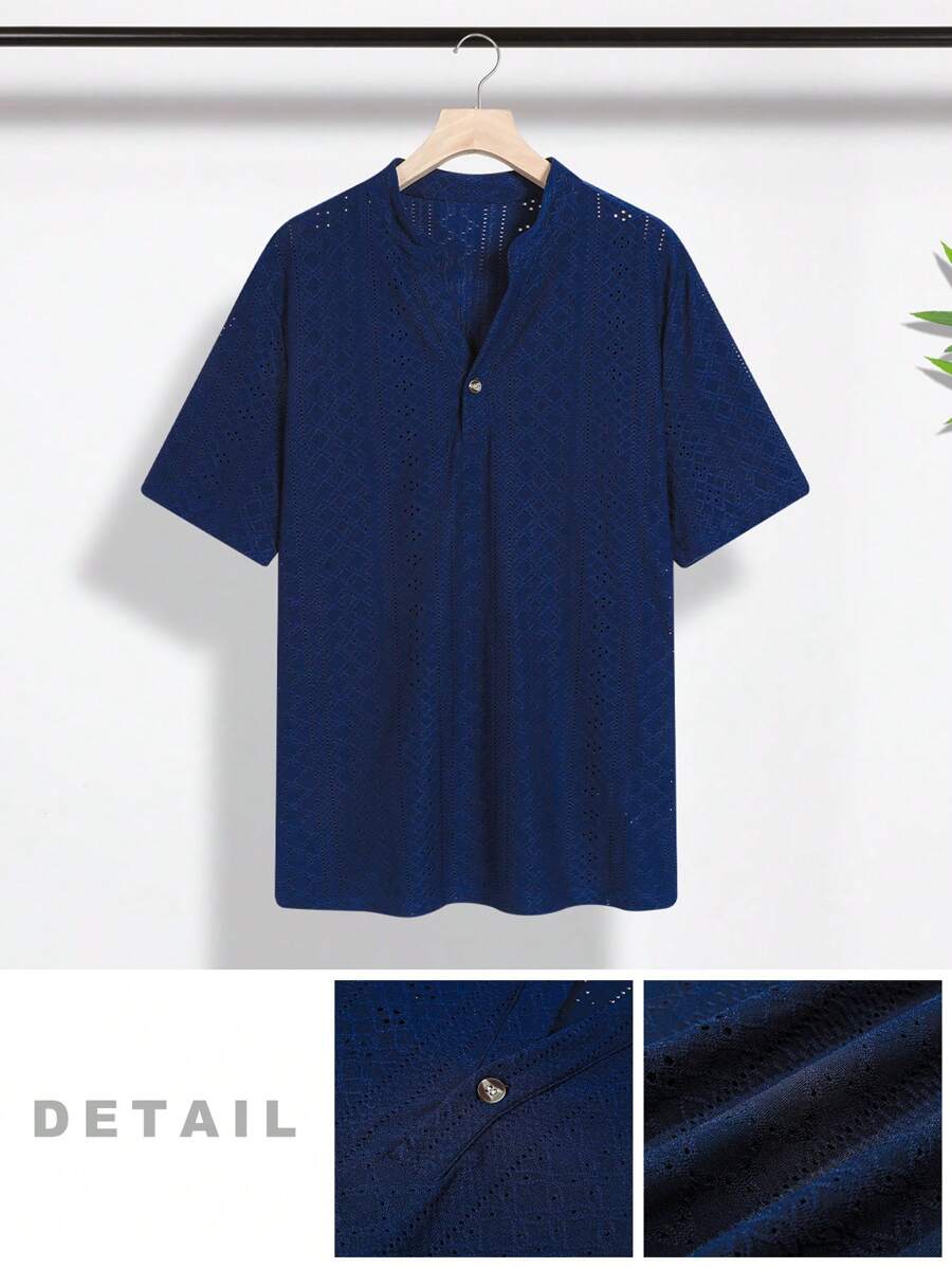 SHEIN 1 件青少年男孩纯色 V 领短袖休闲编织衬衫,适合夏季和春季穿着,青少年男孩服装,青少年男孩返校夹克 - 藍色 - 查看 1