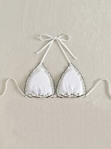 Swim Mod Women Black & White Textured Fabric Halter Triangle Bikini Top, Beach Outfits For Summer - Multicolor - View 2