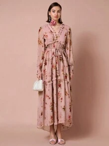 Enchnt Women's Romantic Floral Print Front Tie Ruffle Decoration Lantern Long Sleeve Dress,For Romantic Dinner Dates,Holiday Dresses,Vacation Dresses,Valentine's Day - Pink - View 6