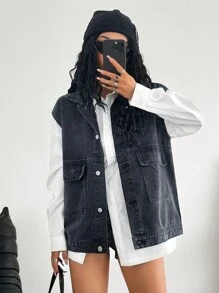 Coolane Chaqueta de mezclilla para mujer de talla grande estilo urbano - Negro - Ver 3