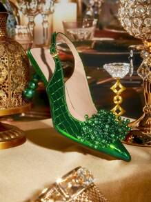 CUCCOO TILAWA Fashionable & Elegant Green Faux Pearl Flower Decor Square Heel High Heels Valentine's Day - Green - View 6