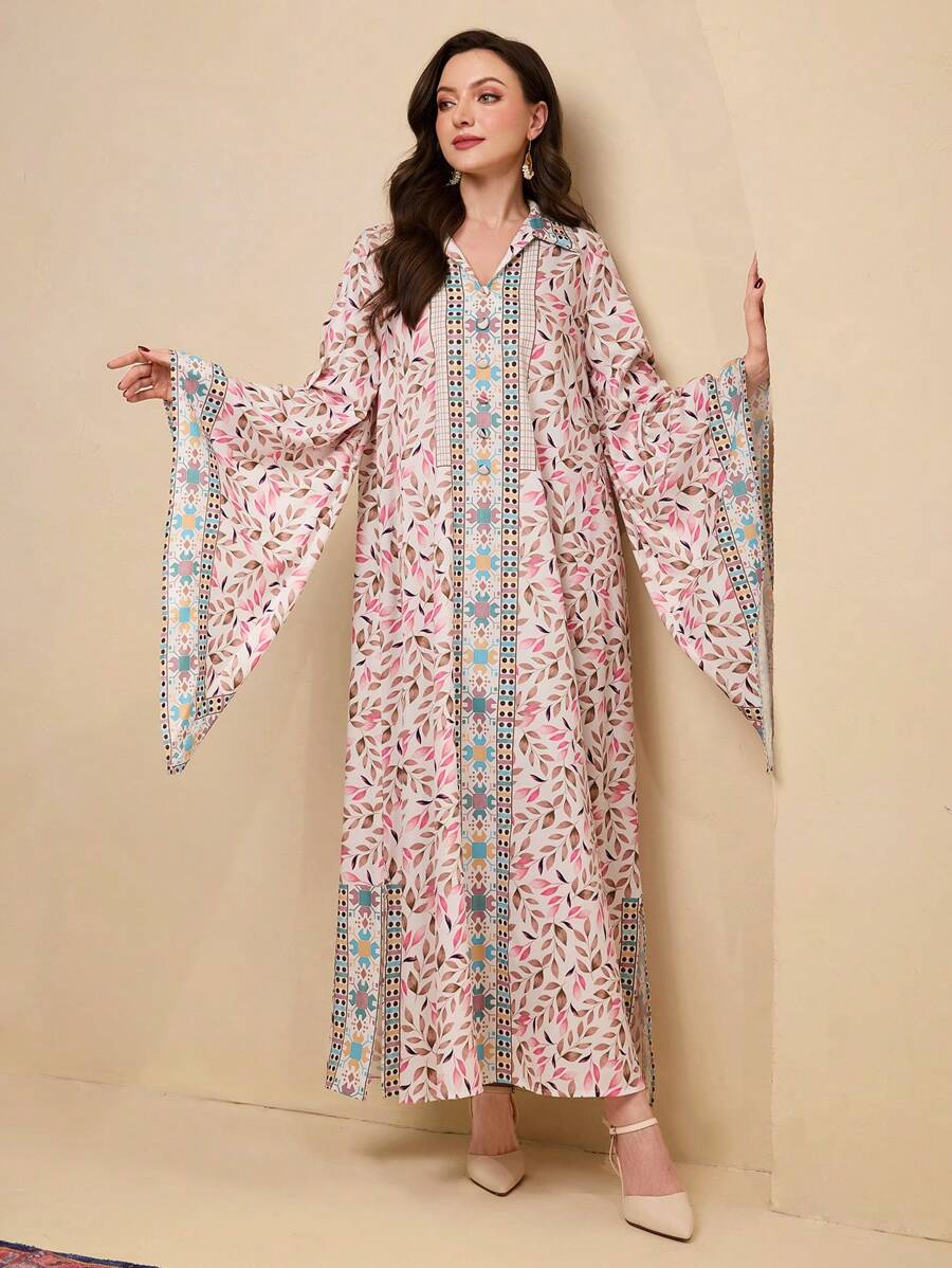 Al Najma Women's Floral Geometric Print Flared Sleeve Turkish & Arabian Traditional Dress, Modest Kaftan - Multicolor - View 1