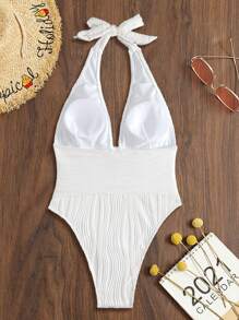 Swim Chiccia Summer White Knitted Jacquard V-Neck Elegant Style Women One-Piece Swimsuit