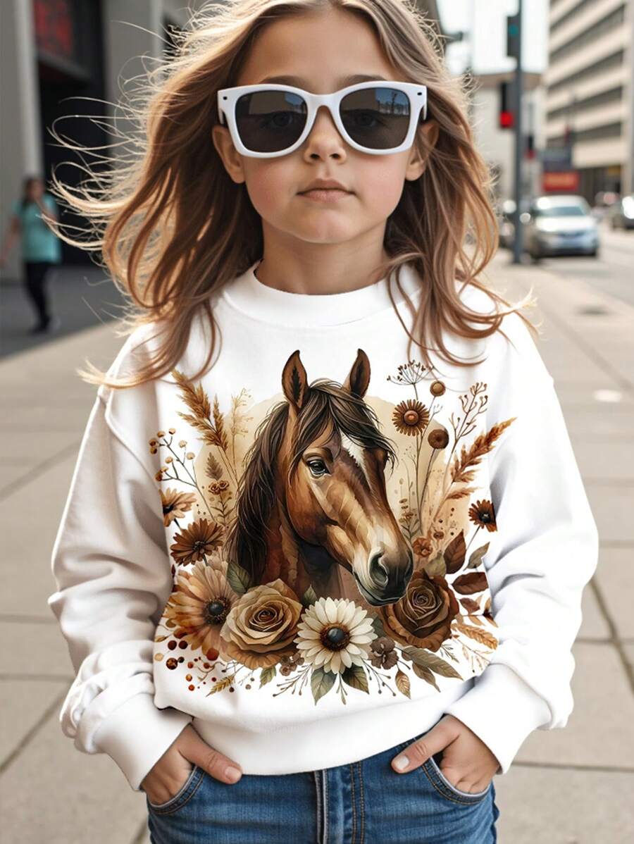 SHEIN Leap Crew 卡通花卉马匹印花，少女休闲宽松圆领舒适长袖卫衣