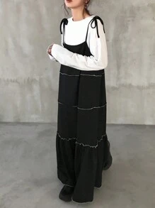 FRIFUL Vestido largo de tirantes finos de mujer de color negro con puntadas de contraste, apto para primavera y verano, vestido casual de mujer