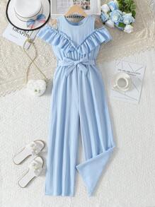 Tween Girls Elegant & Ruffle Trim Ribbed Knit Jumpsuit - Blue - View 1