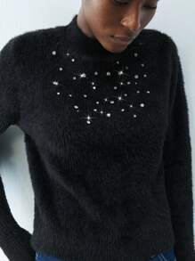 Maija Pull en tricot avec décoration de strass, style urbain chic, élégant, casual et rétro. Pour femme, automne/hiver - Noir - Voir 3