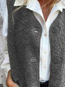 INAWLY Women Regular Fuzzy Button Vest Jacket, Autumn/Winter - Dark Grey - View 5