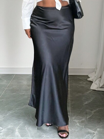 Celure Jupe longue de couleur unie à taille haute en satin pour grandes tailles