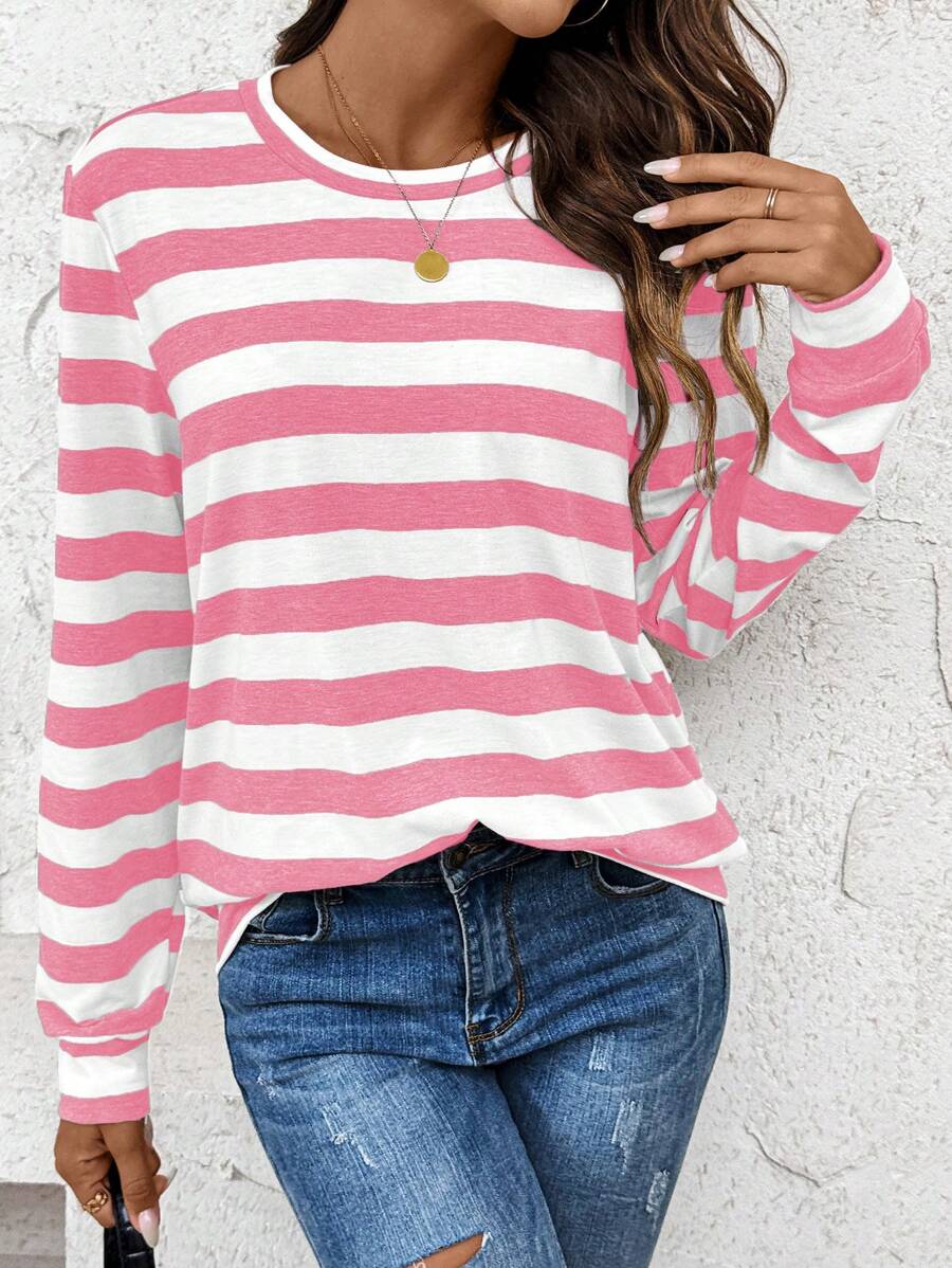 SHEIN LUNE 运动休闲跑步骑行慢跑篮球运动服圆领条纹休闲舒适基本款女士连帽衫毕业、返校服装、毕业、女士教师服装、秋冬返校 - 粉色 - 查看 1