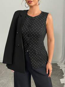 Franclia Blazer informal a medida de manga corta con cuello redondo y bolsillos falsos con estampado de lunares en estilo francés para mujer de talla grande, para todas las temporadas