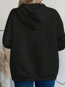 INAWLY Bluza z kapturem Plus Size Casual Teksturowana Raglan Rękaw Bluza z kapturem, Czarna, Jesień/Wiosna